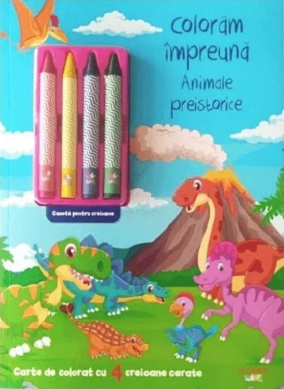 DESENAM IMPREUNA. Animale preistorice. Carte de desenat cu 4 creioane cerate