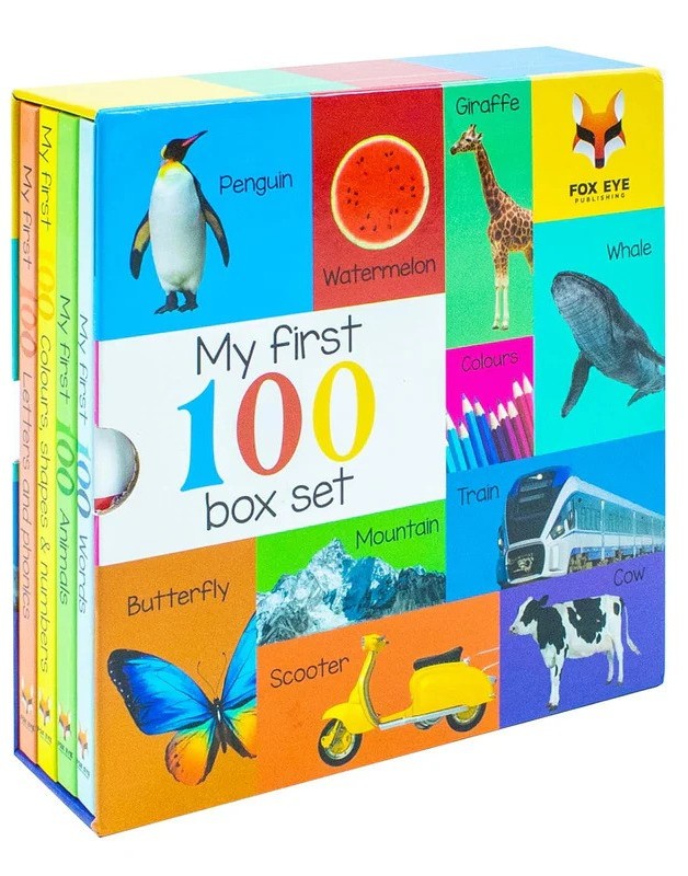 My First 100 Words Box Set 4 Board Books Collection Set (Words Animals Colours Shapes and Numbers Letters and Phonics)